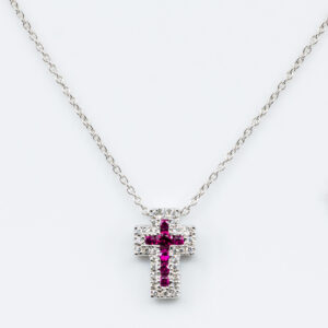 Collana croce Angelus bianco rubini - Gioielleria Casavola di Noci - gioiello in oro bianco 18 carati con diamanti - idee regalo comunione bambino