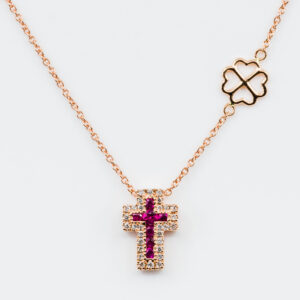 Collana croce Angelus bianco rubini - Gioielleria Casavola di Noci - gioiello in oro rosa 18 carati con diamanti - idee regalo comunione bambina