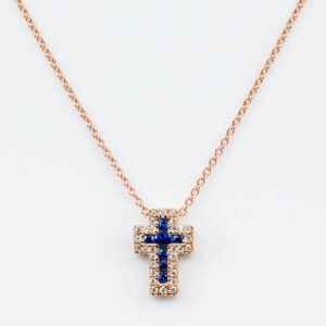 Collana croce Angelus rose zaffiri - Gioielleria Casavola di Noci - gioiello in oro rosa 18 carati con diamanti - idee regalo battesimo femminuccia
