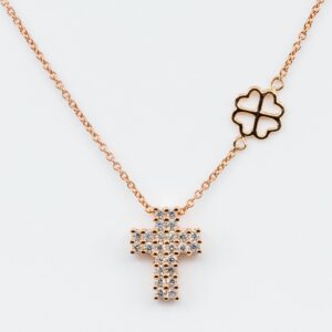 Collana croce diamanti Angelus Rosé Petite - Gioielleria Casavola di Noci - gioiello in oro rosa 18 carati - idee regalo per battesimo o comunione - unisex