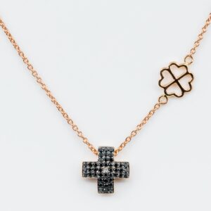 Collana croce diamanti neri Angelus Rosé Lite - Gioielleria Casavola di Noci - gioiello in oro rosa 18 carati - idee regalo cresima ragazzo
