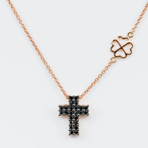 Collana croce diamanti neri Angelus Rosé Mens - Gioielleria Casavola di Noci - gioiello in oro rosa 18 carati - idee regalo cresima ragazzo