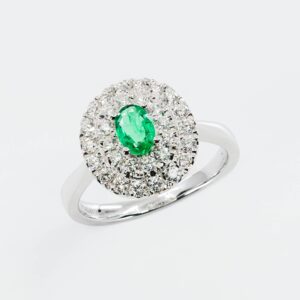 Anello double halo smeraldo little Prestige - idea regalo per anniversario di matrimonio - in oro bianco con diamanti - Gioielleria Casavola di Noci