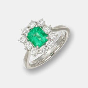 Anello rosetta smeraldo rettangolare Prestige White - Gioielleria Casavola di Noci - in oro bianco 18 carati - idee regalo compleanno 60 anni moglie