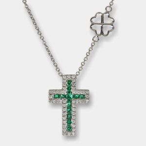 Collana croce Grand Angelus smeraldi White - Gioielleria Casavola di Noci - gioiello in oro bianco 18 carati - idee regalo cresima adulto