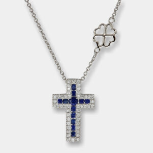 Collana croce Grand Angelus zaffiri White - Gioielleria Casavola di Noci - gioiello in oro bianco 18 carati con diamanti - idee regalo cresima adulto uomo