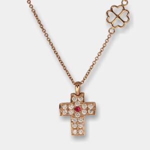 Collana croce diamanti e rubino Angelus Rosé Light - Gioielleria Casavola di Noci - in oro rosa 18 carati - idee regalo battesimo bimba femminuccia
