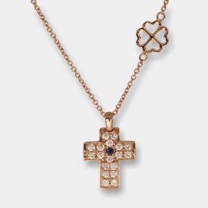 Collana croce diamanti e zaffiro Angelus Rosé Light - Gioielleria Casavola di Noci - gioiello in oro rosa 18 carati - idee regalo battesimo femminuccia