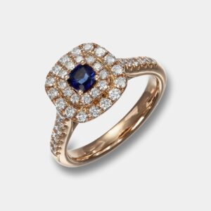 Anello zaffiro cushion Halo rosé Prestige - Gioielleria Casavola di Noci - in oro rosa 18 carati con diamanti - idee regalo compleanno 50 anni moglie