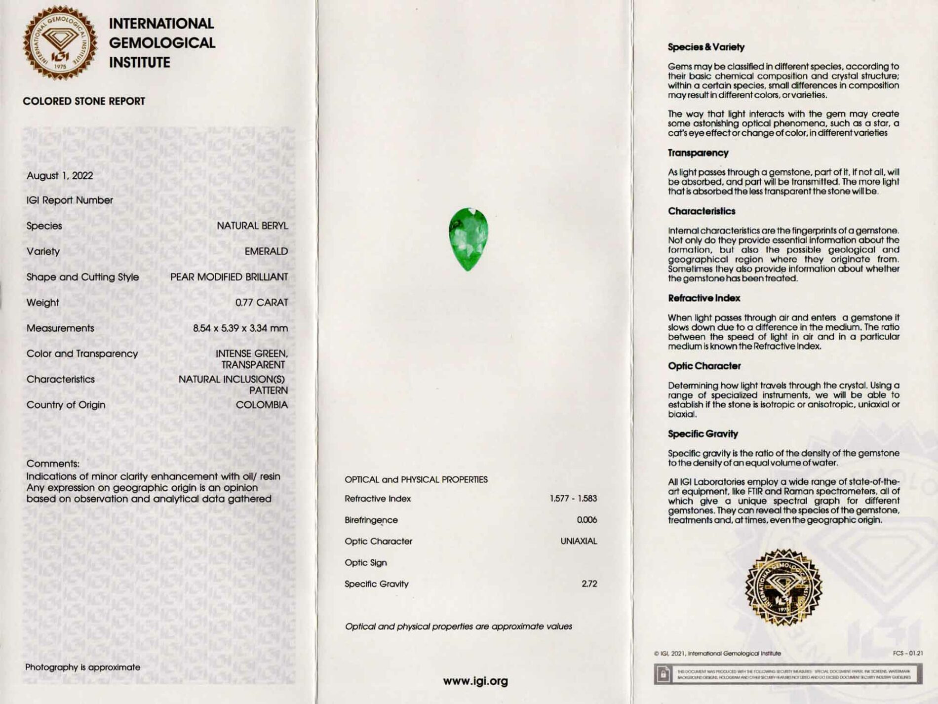 Orecchini pendenti smeraldi goccia Prestige White - Gioielleria Casavola di Noci - certificato IGI Anversa della gemma da 0.77 ct