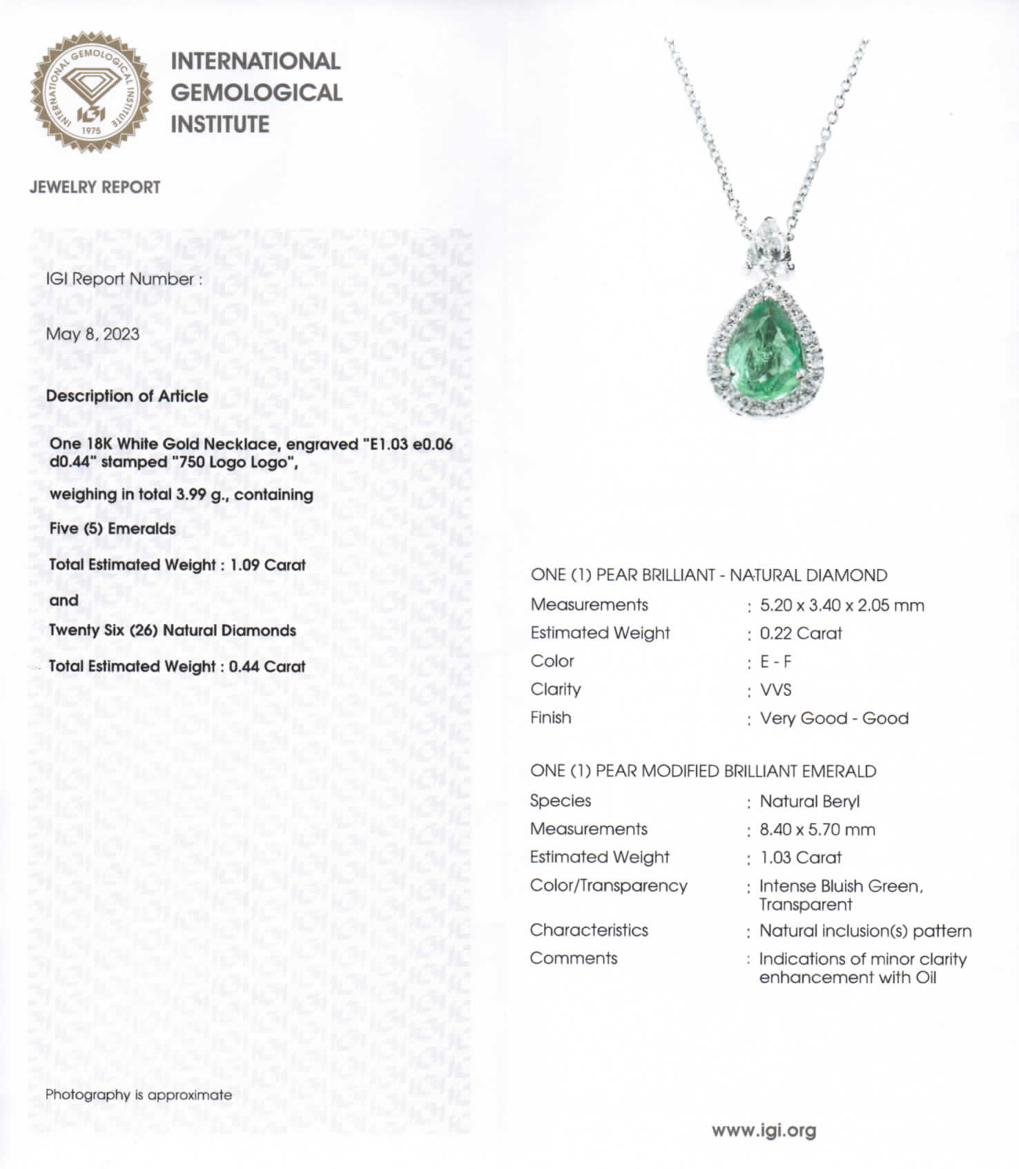 Collana smeraldo colombiano taglio goccia Prestige con certificato dell'Istituto Internazionale di Gemmologia IGI - Gioielleria Casavola di Noci