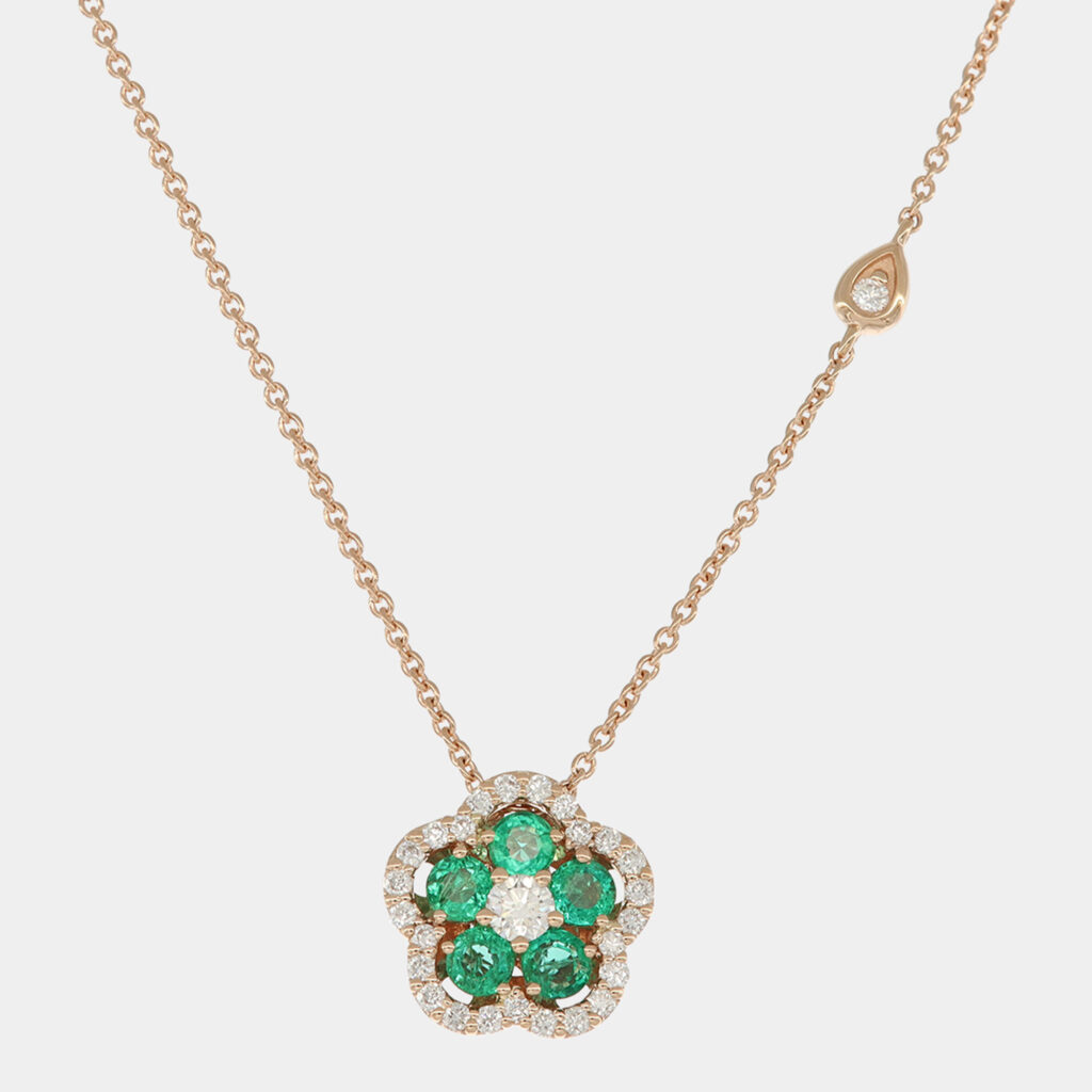 Collana fiore smeraldi Cornflower Nature Rosè - Gioielleria Casavola di Noci - in oro rosa 18 carati con diamanti - idee regalo 50 anni moglie