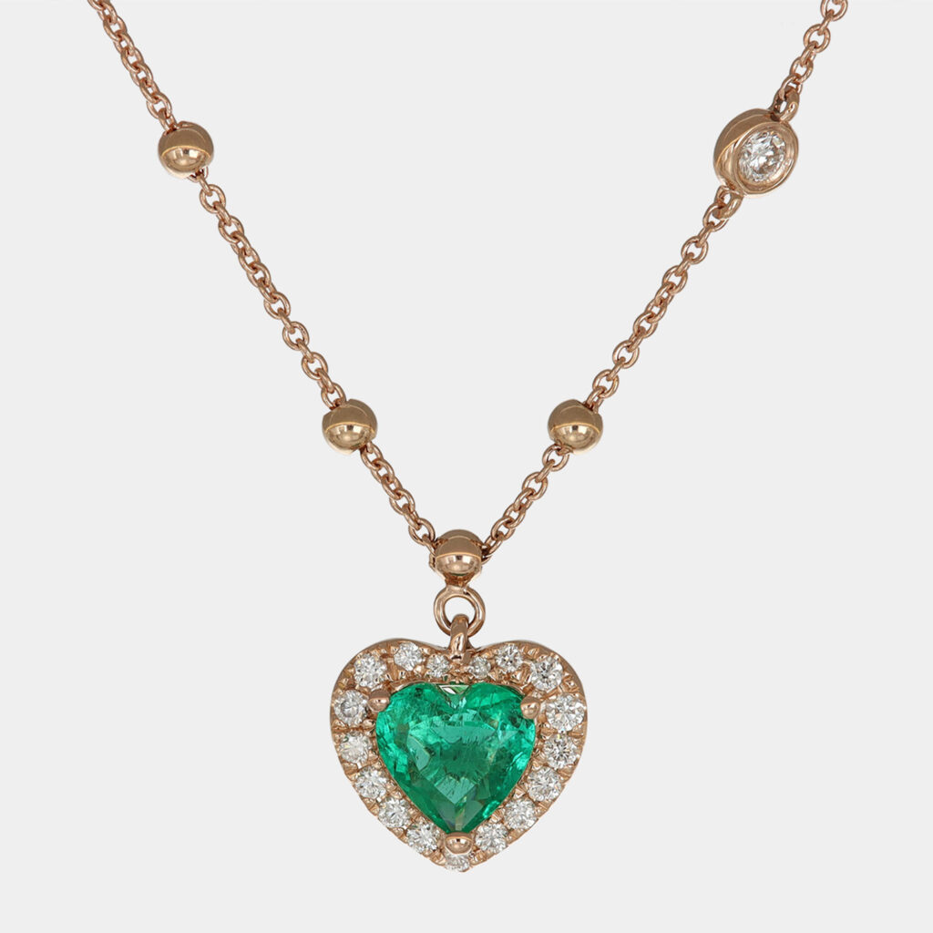Collana cuore smeraldo colombiano Rosé Prestige - Gioielleria Casavola di Noci - in oro rosa 18 carati con diamanti - idee regalo san valentino donna