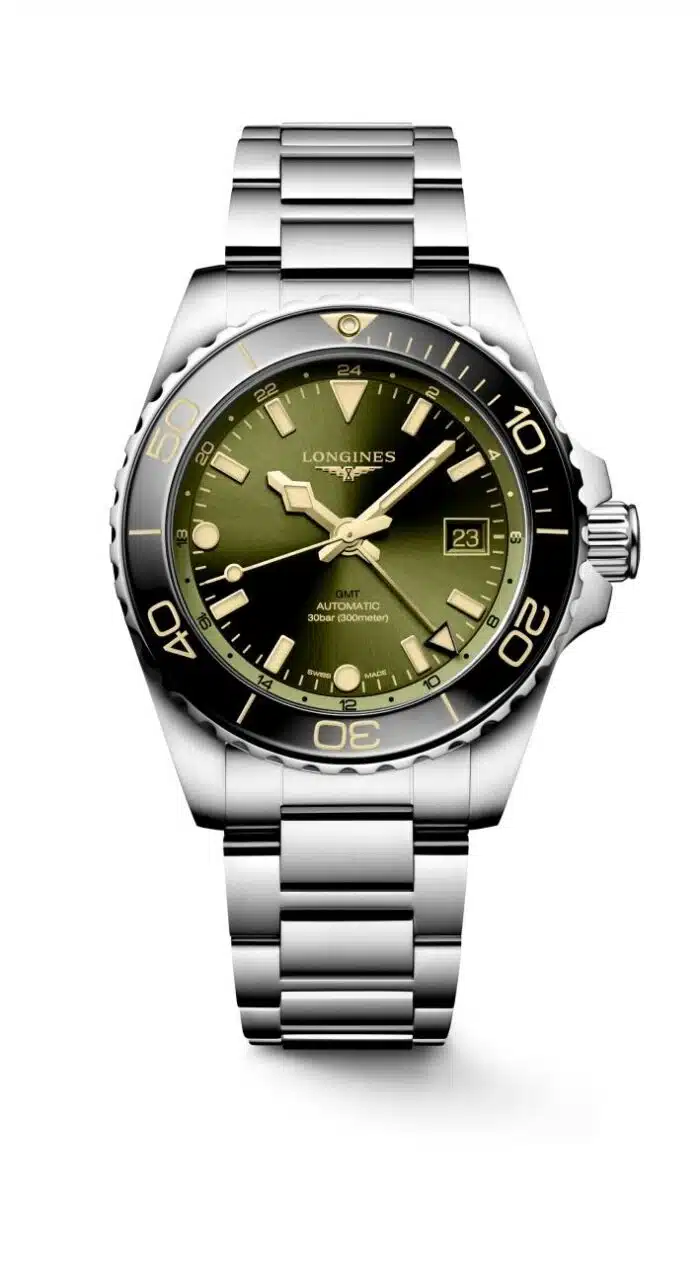 Longines Hydroconquest GMT L3.790.4.06.6 - Gioielleria Casavola di Noci - orologio automatico svizzero con meccanismo fusi orari - quadrante verde sunray