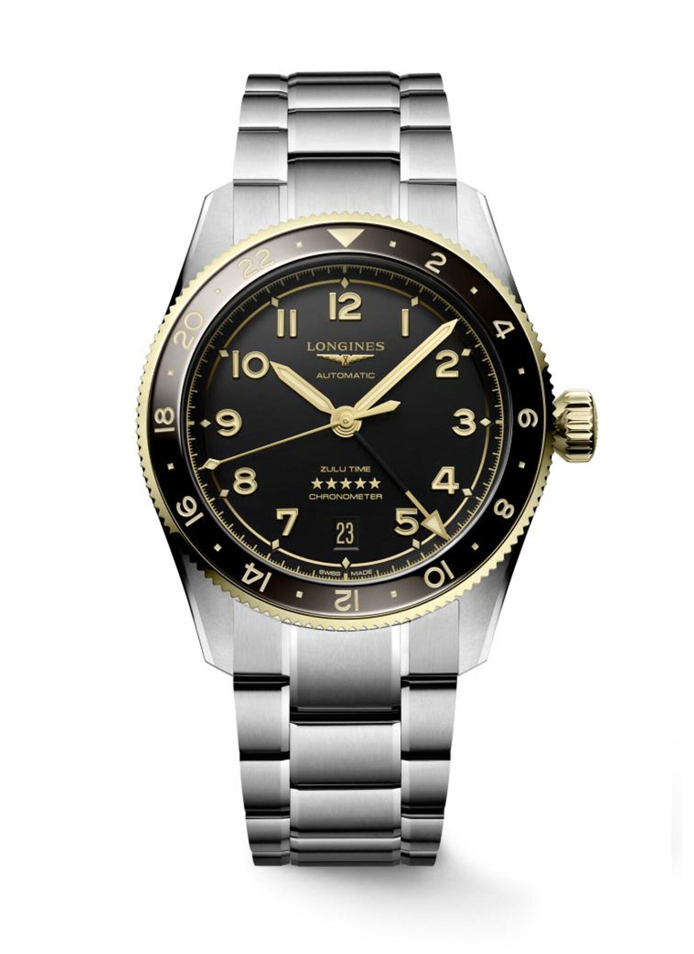Longines Spirit Zulu Time L3.802.5.53.6 - Gioielleria Casavola di Noci - orologio automatico svizzero GMT con certificato COSC - ghiera e corona in oro giallo