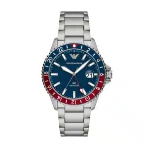 Emporio Armani Orologi AR11590 - Gioielleria Casavola di Noci - orologio GMT in acciaio INOX con ghiera bicolore rosso blu stile pepsi