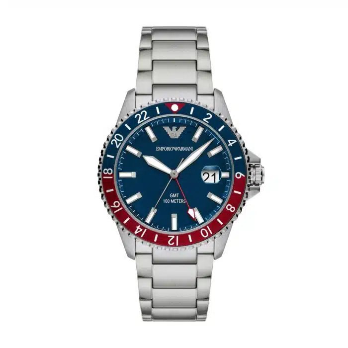 Emporio Armani Orologi AR11590 - Gioielleria Casavola di Noci - orologio GMT in acciaio INOX con ghiera bicolore rosso blu stile pepsi