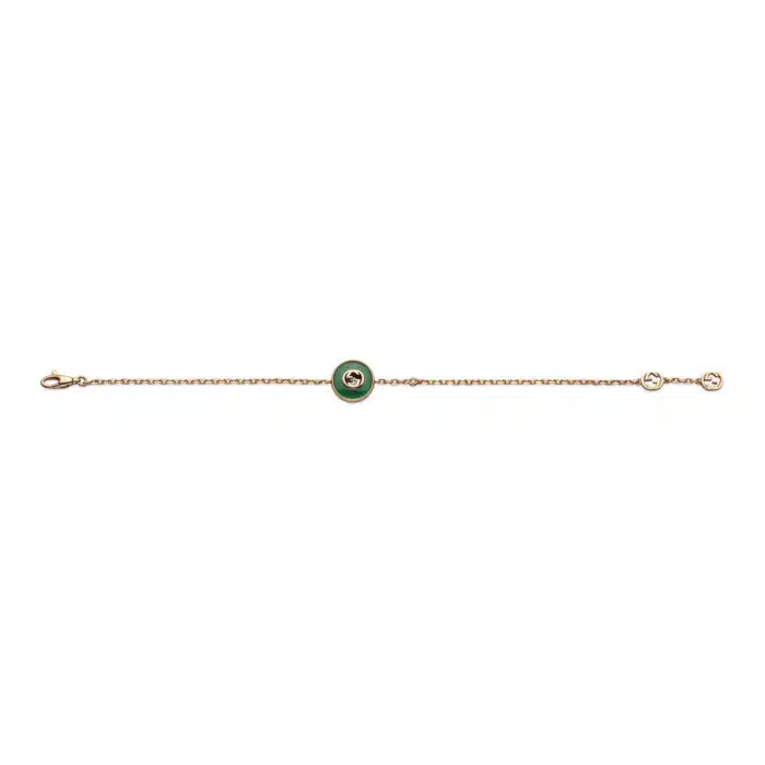 Gucci Interlocking YBA786556002 - Gioielleria Casavola di Noci - bracciale unisex in oro rosa con agata verde ed un diamante incastonato - immagine frontale steso