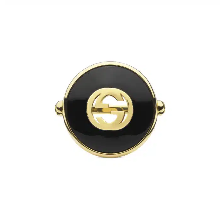 Gucci Interlocking YBC786604001 - Gioielleria Casavola di Noci - anello unisex in oro giallo con diamanti ed onice nero - immagine frontale