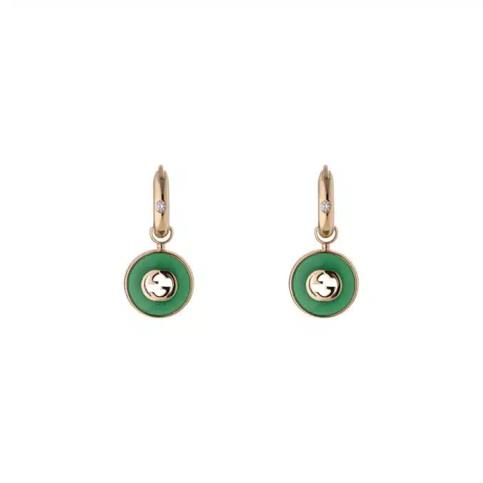 Gucci Interlocking YBD786563002 - Gioielleria Casavola di Noci - orecchini pendenti in oro rosa 18 carati con agata verde e due diamanti - immagine frontale