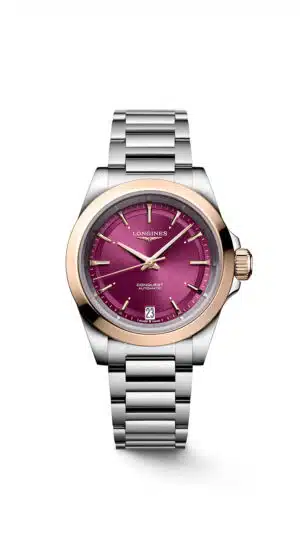 Longines Conquest L3.430.5.98.6 - Gioielleria Casavola di Noci - orologio automatico svizzero da donna in acciaio INOX con lunetta in oro rosa 18 carati - quadrante color porpora