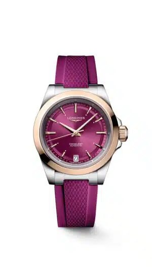 Longines Conquest L3.430.5.98.9 - Gioielleria Casavola di Noci - orologio automatico svizzero da donna in acciaio INOX con lunetta in oro rosa 18 carati - quadrante color porpora - cinturino in caucciù