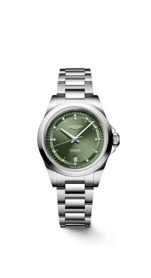 Longines Conquest L3.320.4.07.6 - Gioielleria Casavola di Noci - orologio automatico svizzero da donna - quadrante verde sunray con diamanti come indici
