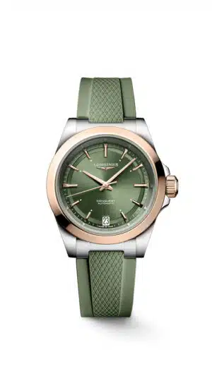 Longines Conquest L3.430.5.02.9 - Gioielleria Casavola di Noci - orologio automatico svizzero da donna in acciaio INOX con lunetta in oro rosa 18 carati - quadrante verde - cinturino gomma