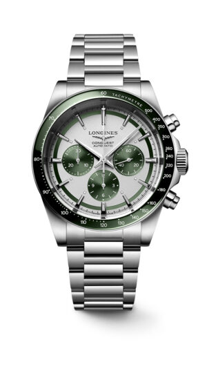 Longines Conquest L3.835.4.02.6 - Gioielleria Casavola di Noci - cronografo automatico svizzero da uomo con quadrante panda color verde - ghiera in ceramica
