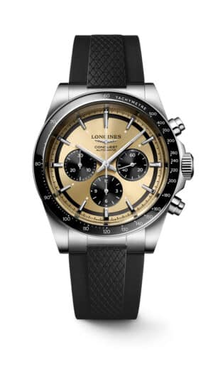 Longines Conquest L3.835.4.32.9 - Gioielleria Casavola di Noci - cronografo automatico svizzero in acciaio INOX con quadrante panda dorato - cinturino in caucciù