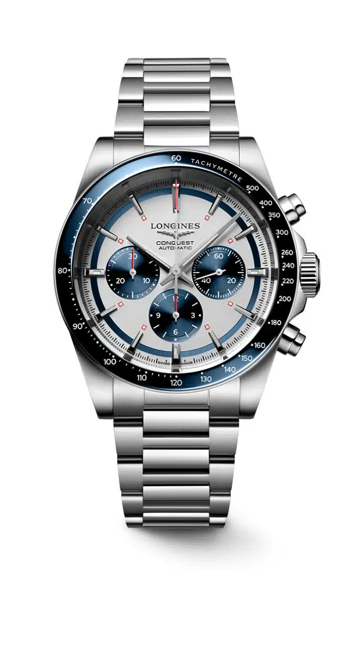 Longines Conquest L3.835.4.98.6 - Gioielleria Casavola di Noci - cronografo automatico svizzero da uomo con quadrante panda blu - ghiera in ceramica