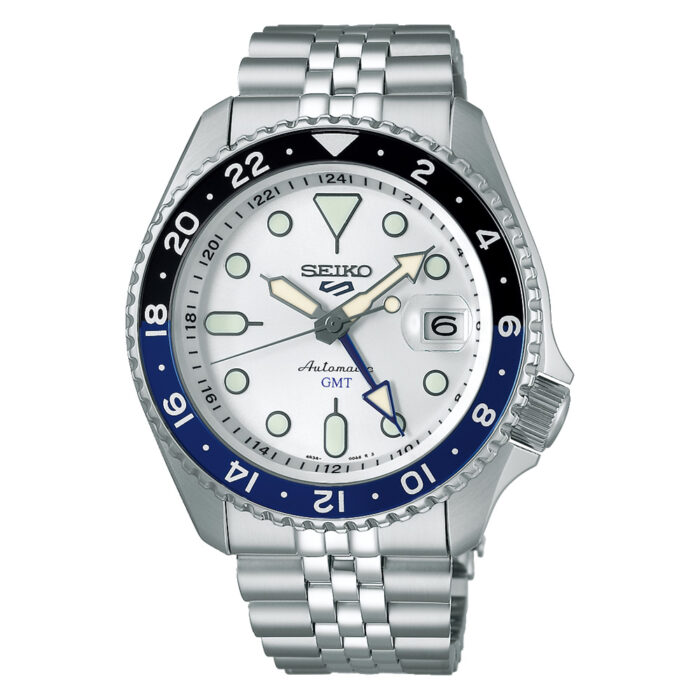 Seiko 5 Sports GMT SSK033K1 - Gioielleria Casavola di Noci - orologio automatico giapponese con bracciale chicchi di riso - quadrante bianco e lunetta nera e blu