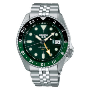 Seiko 5 Sports GMT SSK035K1 - Gioielleria Casavola di Noci - orologio automatico giapponese con bracciale chicchi di riso - quadrante verde e lunetta bicolore