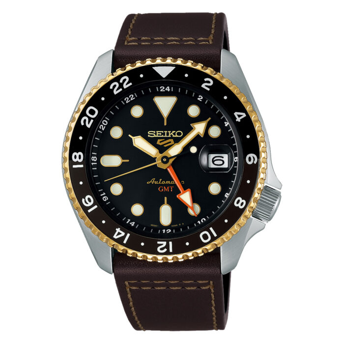 Seiko 5 Sports GMT SSK036K1 - Gioielleria Casavola di Noci - orologio automatico con doppio fuso orario - ghiera bicolore in acciaio inox - cinturino in pelle