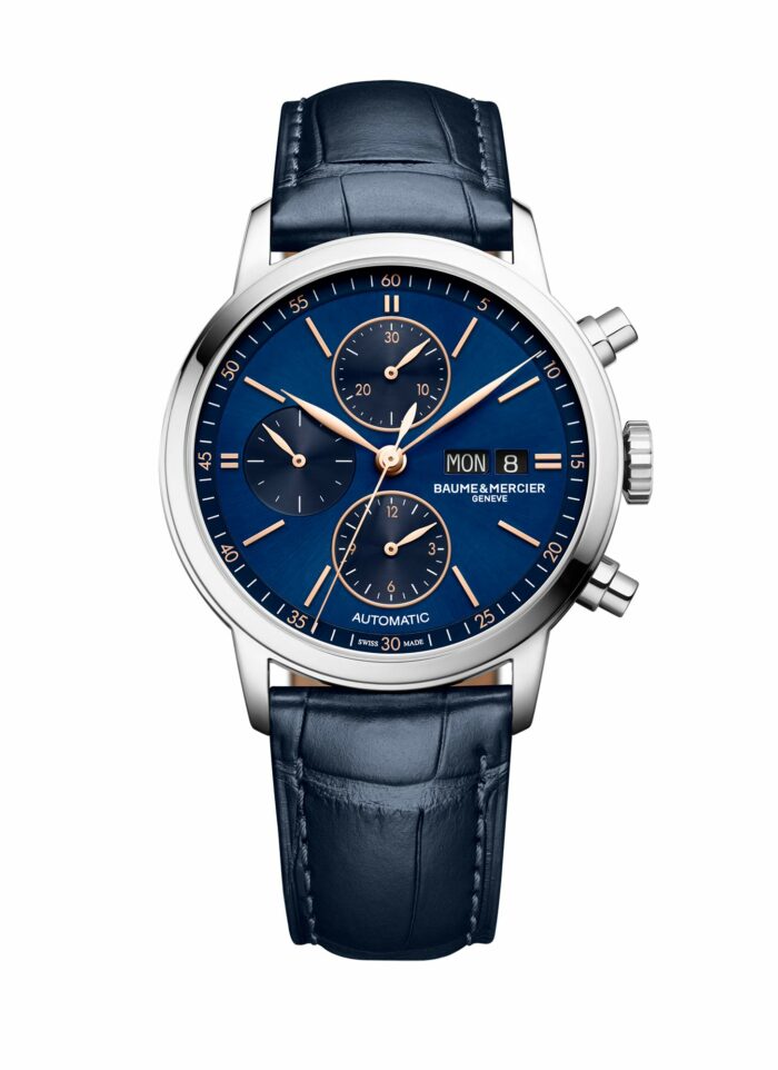 Baume et Mercier Classima M0A10784 - Gioielleria Casavola di Noci - cronografo automatico svizzero da uomo con cinturino alligatore blu