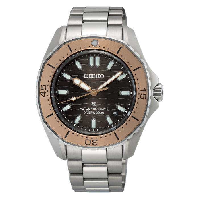 Seiko Prospex Diver SPB485J1 - Gioielleria Casavola di Noci - orologio automatico subacqueo 300 metri - ghiera ottagonale con anello bronzato - quadrante marrone motivo onde