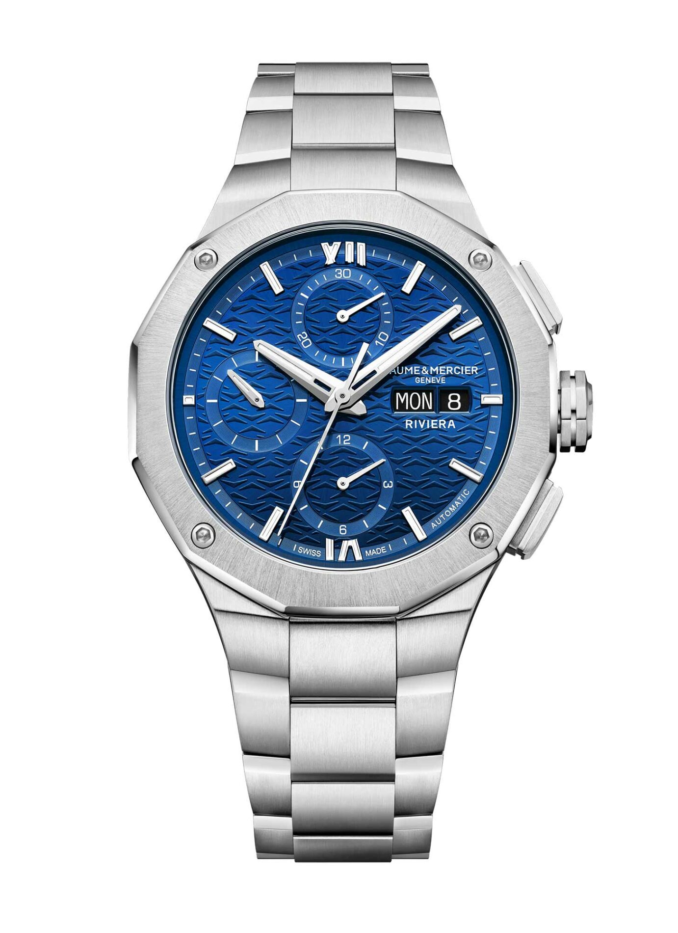 Baume et Mercier Riviera M0A10826 - Gioielleria Casavola di Noci - cronografo automatico svizzero da uomo - quadrante blu - bracciale in acciaio INOX