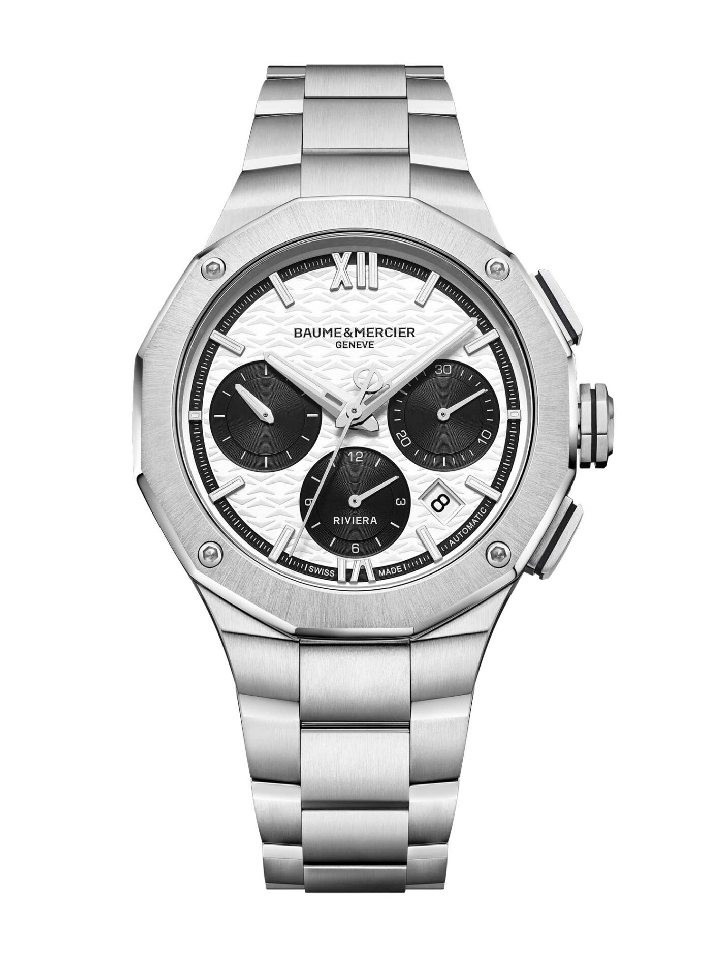 Baume et Mercier Riviera M0A10827 - Gioielleria Casavola di Noci - cronografo automatico svizzero da uomo - quadrante panda - bracciale in acciaio INOX