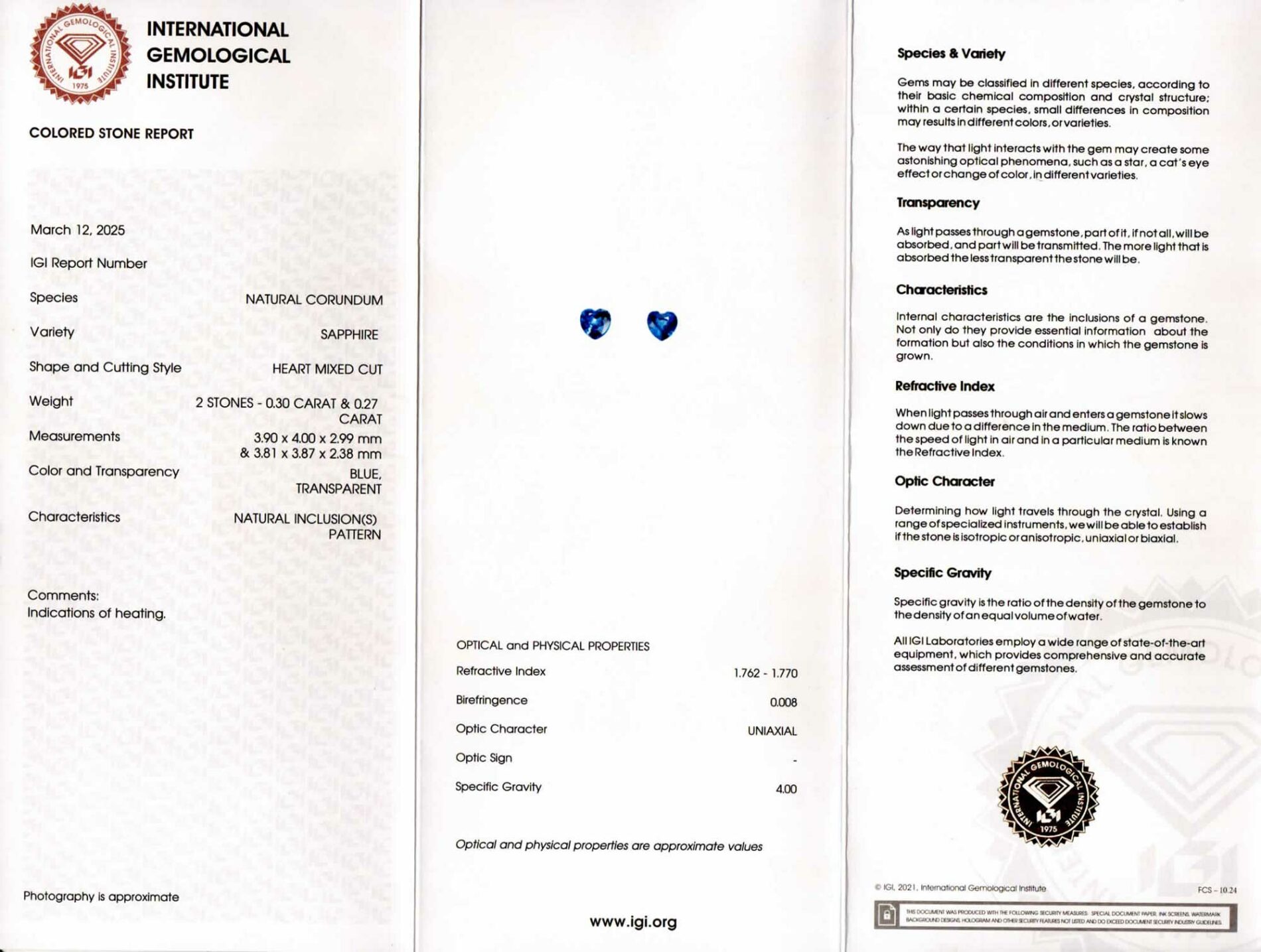 Orecchini pendenti cuore zaffiri 0.57 ct White Prestige - Gioielleria Casavola di Noci - certificato dell'Istituto Internazionale di Gemmologia IGI di Anversa