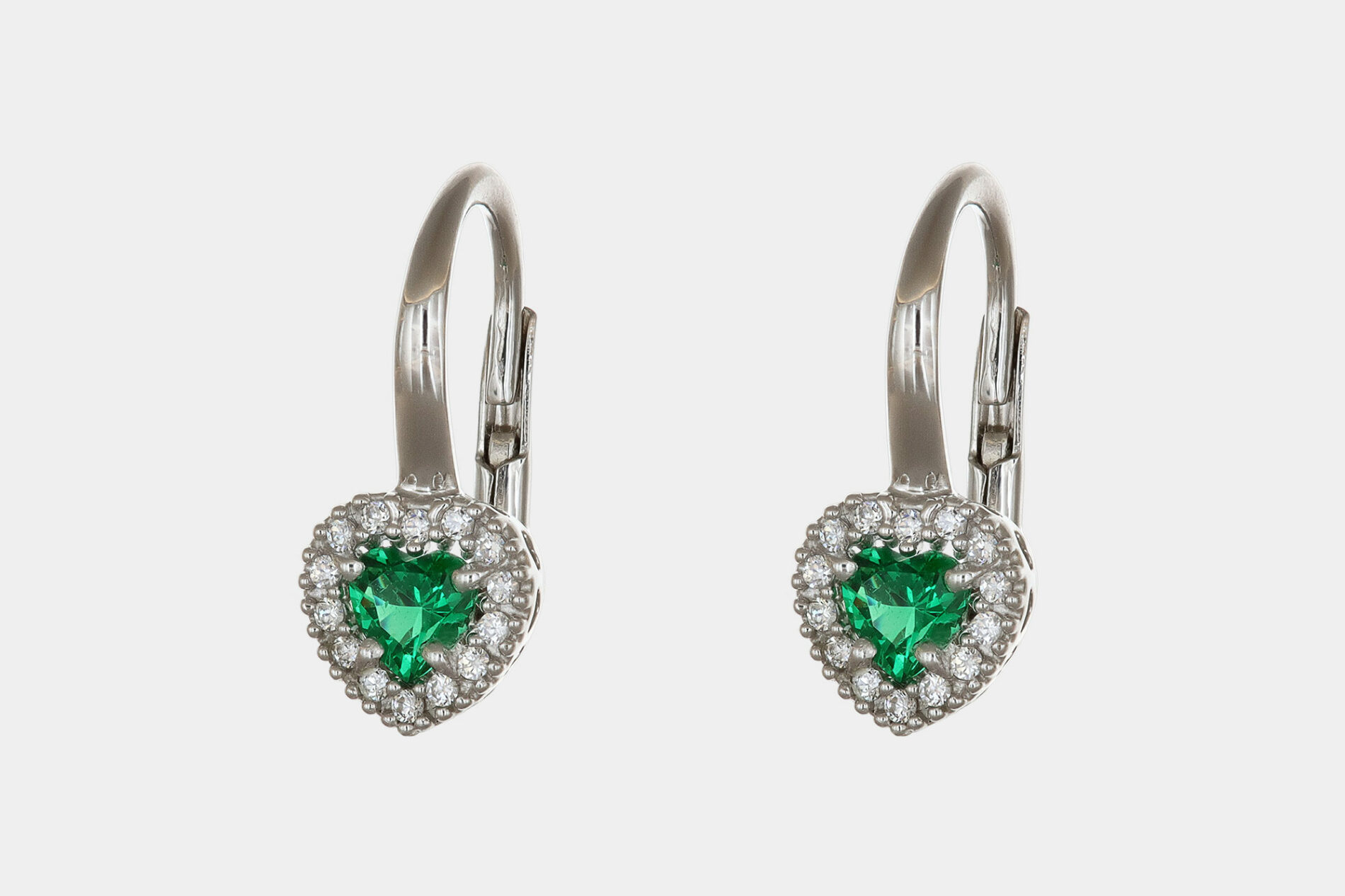 Orecchini cuore oro bianco monachella zirconi verdi 7.0 mm - Gioielleria Casavola di Noci - idee regalo compleanno 18 anni ragazza