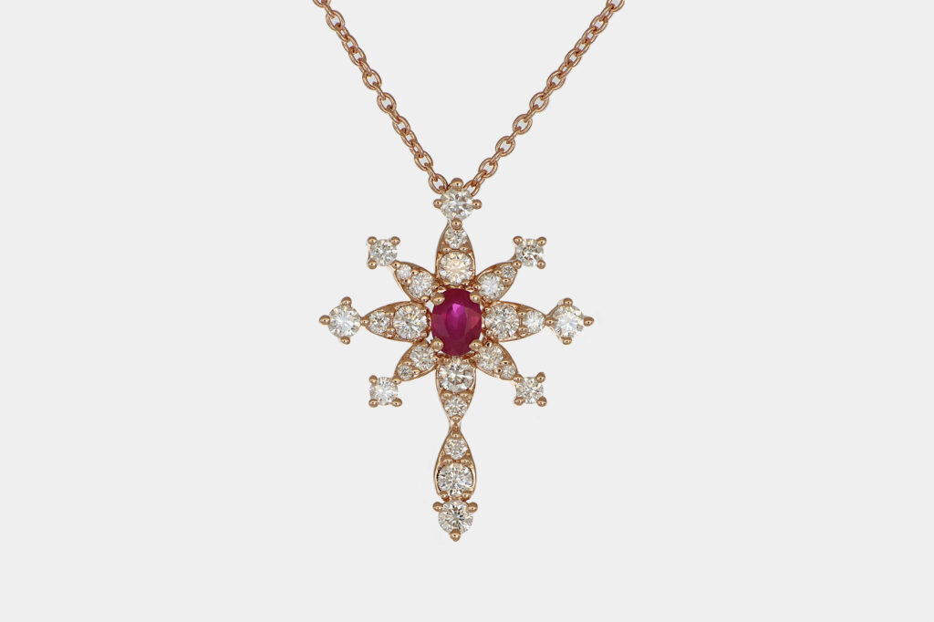 Collana Long Snowflake diamanti e rubino Rosé - Gioielleria Casavola di Noci - in oro rosa con diamanti - idee regalo compleanno 50 anni mamma