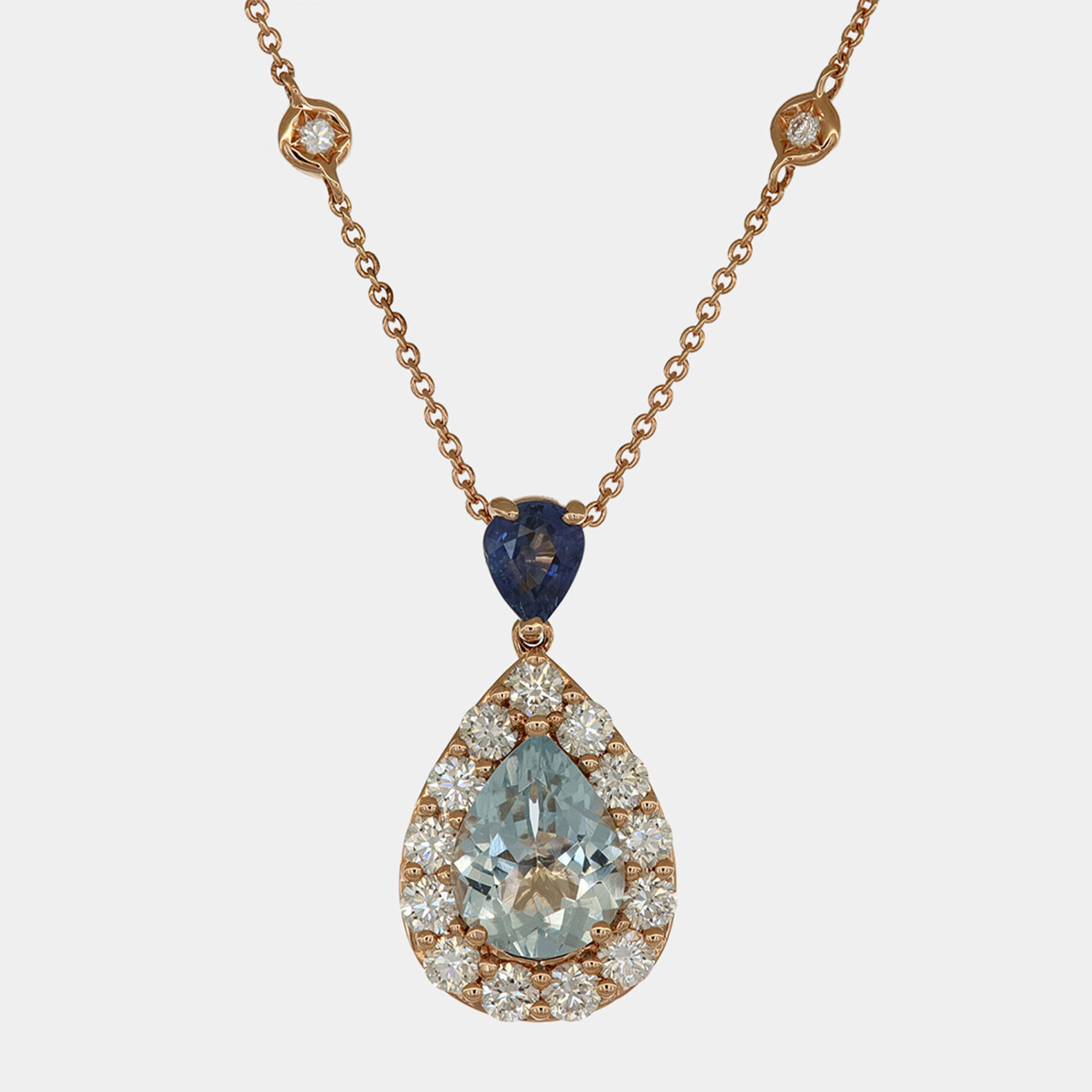 Collana acquamarina taglio goccia e zaffiro Rosé Prestige - Gioielleria Casavola di Noci - gioiello in oro rosa 18 carati - idee regalo compleanno donna 50 anni