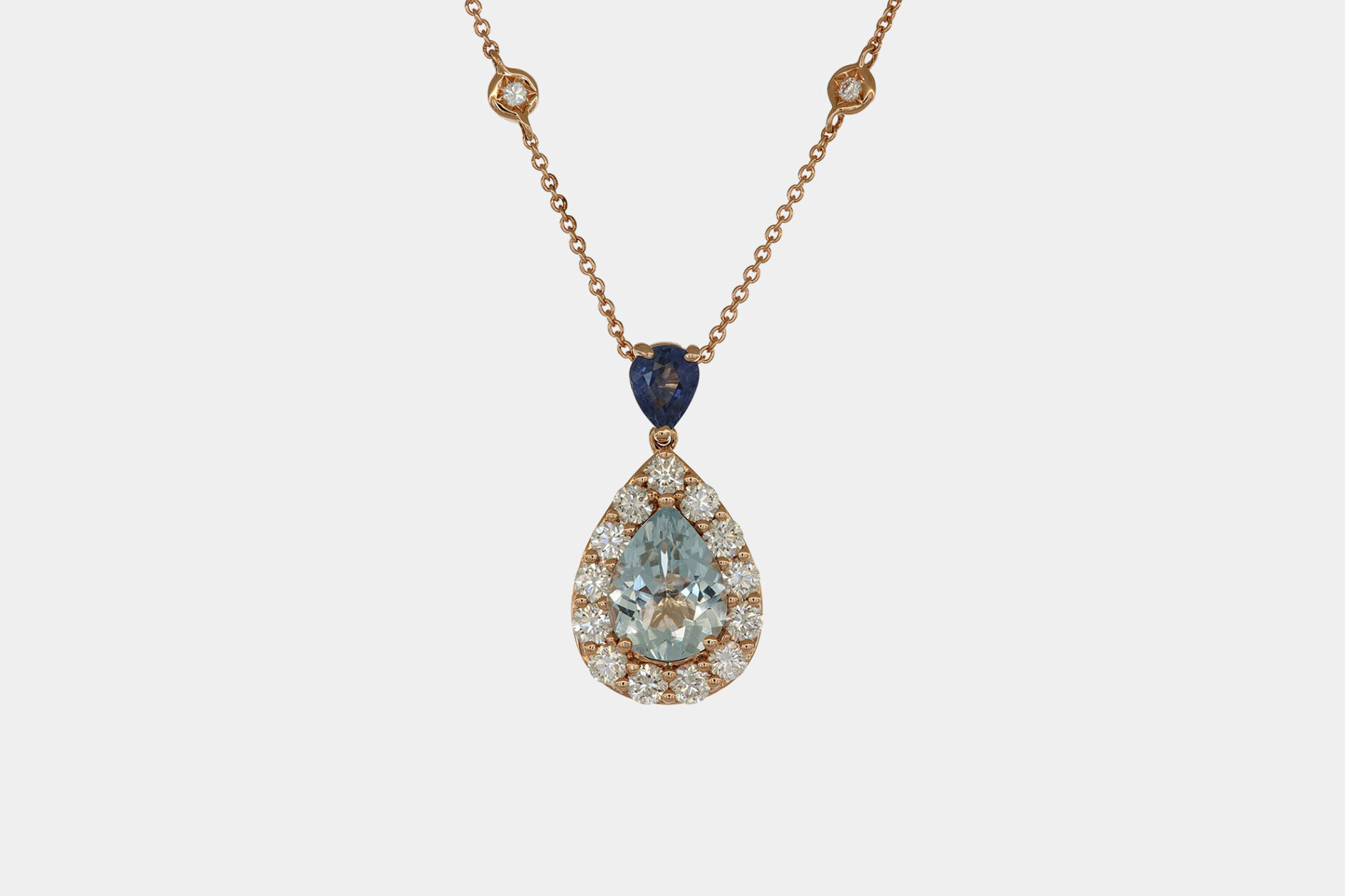 Collana acquamarina taglio goccia e zaffiro Rosé Prestige - Gioielleria Casavola di Noci - in oro rosa con diamanti - idee regalo occasione importante