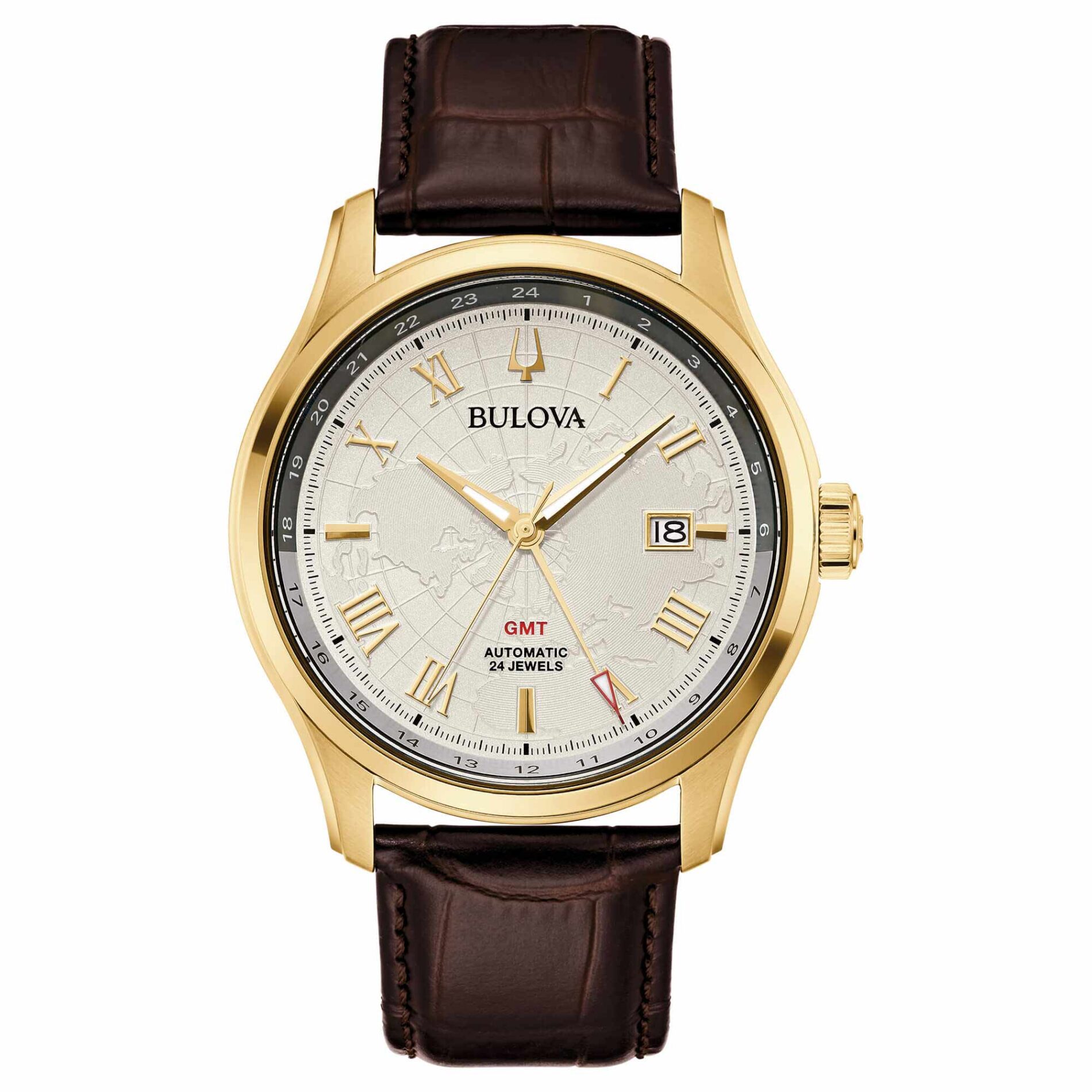 Bulova Wilton GMT 97B210 - Gioielleria Casavola di Noci - orologio da uomo con cassa in acciaio INOX color oro giallo - cinturino in pelle marrone - quadrante decorato