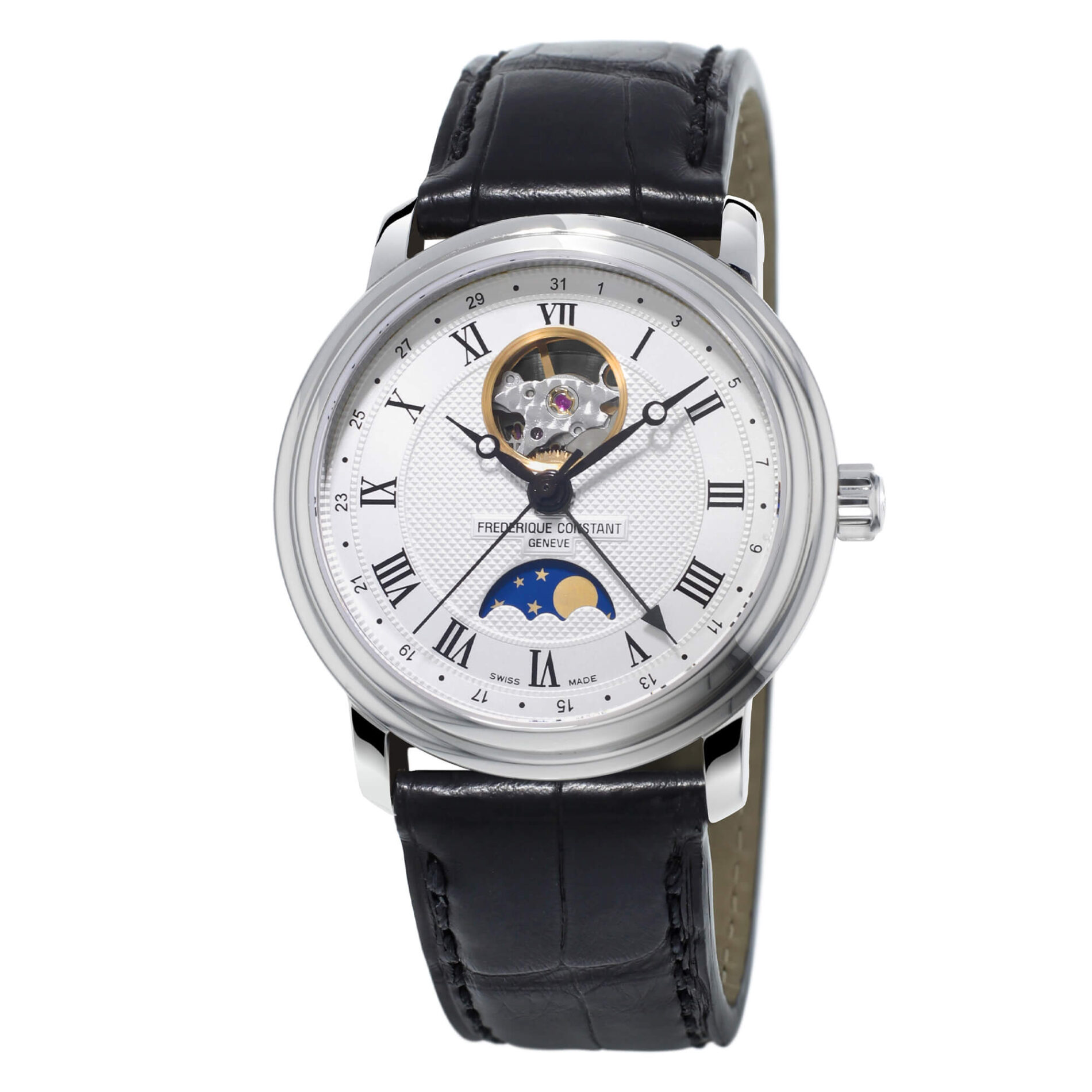 Frederique Constant Classics Heart Beat FC-335MC4P6 - Gioielleria Casavola di Noci - orologio automatico svizzero da uomo con fasi lunari e data - quadrante open heart