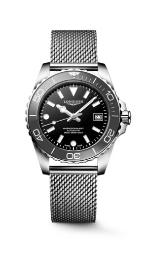 Longines Hydroconquest L3.779.4.70.6 - Gioielleria Casavola di Noci - orologio automatico svizzero da uomo - bracciale in acciaio INOX maglia milanese - quadrante nero ghiera grigia