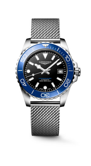 Longines Hydroconquest L3.779.4.90.6 - Gioielleria Casavola di Noci - orologio automatico svizzero da uomo - bracciale in acciaio INOX maglia milanese - quadrante nero ghiera blu
