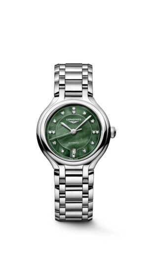 Longines Primaluna L8.123.4.07.6 - Gioielleria Casavola di Noci - orologio automatico svizzero da donna - quadrante madreperla verde e diamanti - bracciale in acciaio INOX