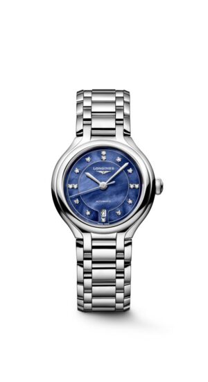Longines Primaluna L8.123.4.97.6 - Gioielleria Casavola di Noci - orologio automatico svizzero da donna - quadrante madreperla blu e diamanti - bracciale in acciaio INOX