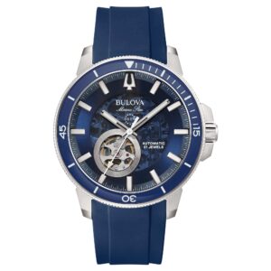 Bulova Marine Star Automatic 96A303 - Gioielleria Casavola di Noci - orologio da uomo - quadrante scheletrato con vetro color blu e finestra ad ore 7